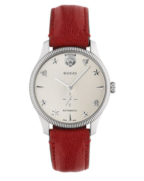 Shop Authentic Gucci G Timeless Automatic Silver Dial Red Leather Strap Watch For Men - YA126346 - Luxxuri