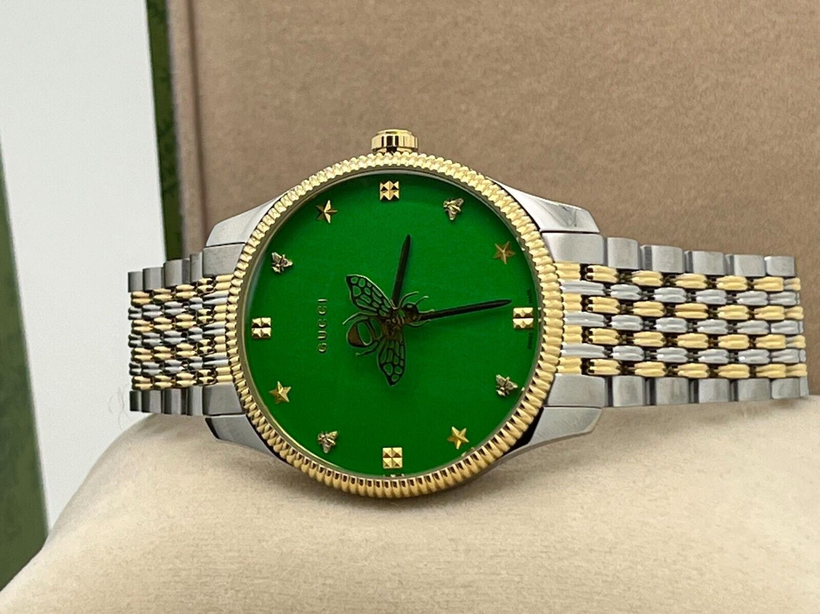 Shop Authentic Gucci G Timeless Quartz Green Dial Two Tone Steel Strap Watch For Men - YA1264182 - Luxxuri