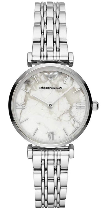 Shop Authentic Emporio Armani Gianni T Bar White Marble Dial Silver Steel Strap Watch For Women - AR11170 - Luxxuri