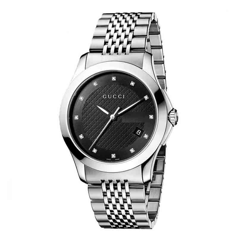 Shop Authentic Gucci G Timeless Diamonds Black Dial Silver Steel Strap Watch For Men - YA126405 - Luxxuri