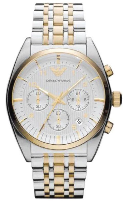 Shop Authentic Emporio Armani Classic Chronograph White Dial Two Tone Steel Strap Watch For Men - AR0396 - Luxxuri