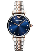 Shop Authentic Emporio Armani Gianni T Bar Crystal Blue Dial Two Tone Steel Strap Watch For Women - AR11092 - Luxxuri