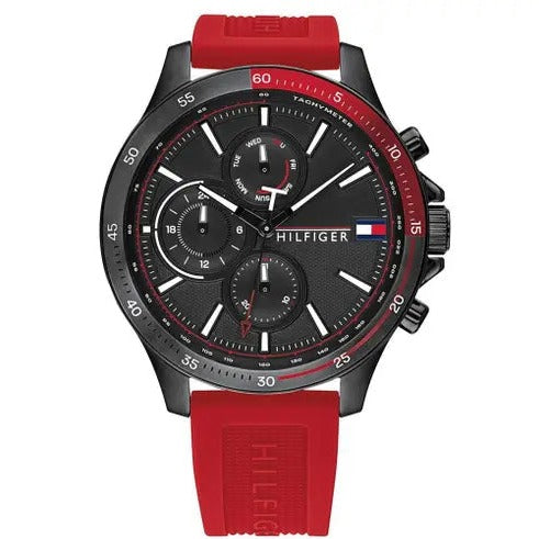 Tommy Hilfiger Multifunction Quartz Black Dial Red Rubber Strap Watch for Men - 1791722