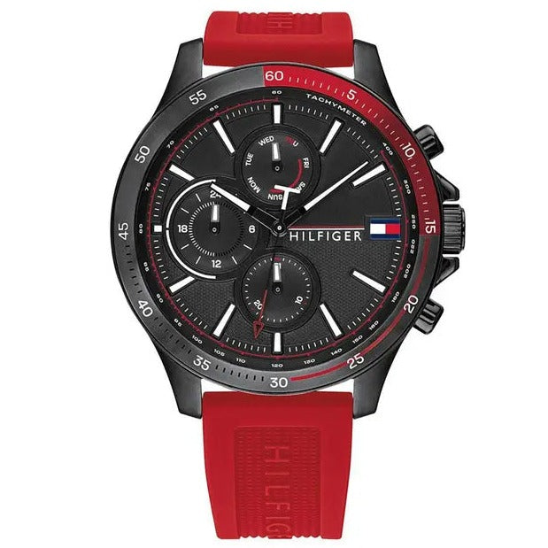 Tommy Hilfiger Multifunction Quartz Black Dial Red Rubber Strap Watch for Men - 1791722