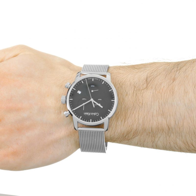 Shop Authentic Calvin Klein City Chronograph Black Dial Silver Mesh Bracelet Watch for Men - K2G27121 - Luxxuri