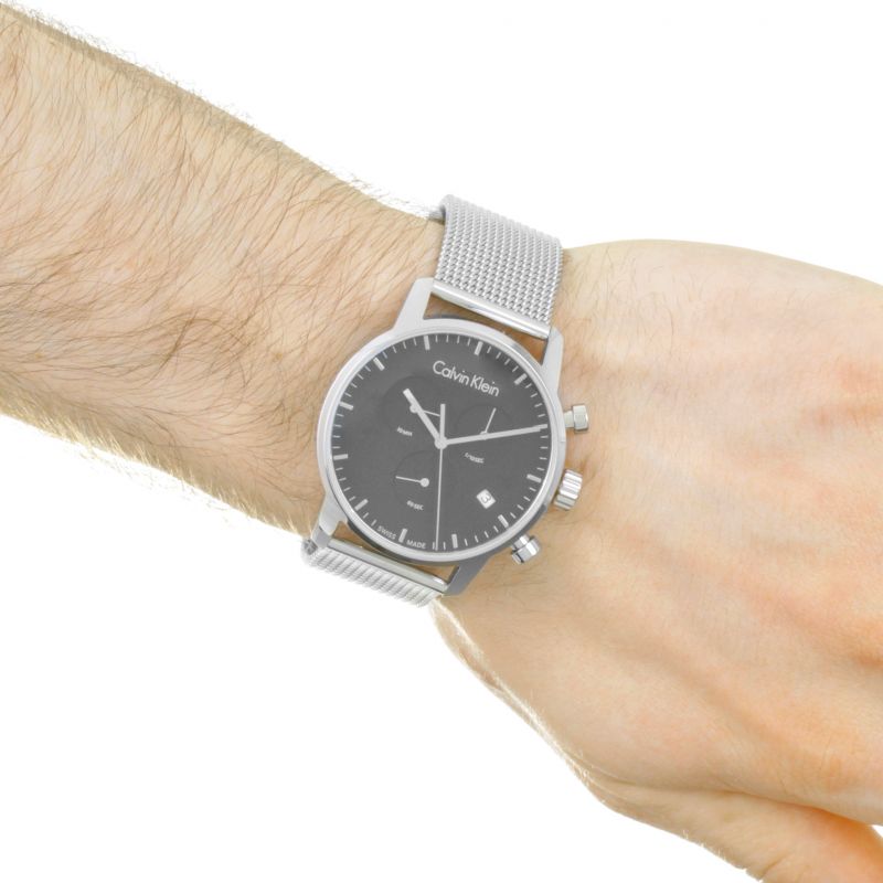 Shop Authentic Calvin Klein City Chronograph Black Dial Silver Mesh Bracelet Watch for Men - K2G27121 - Luxxuri