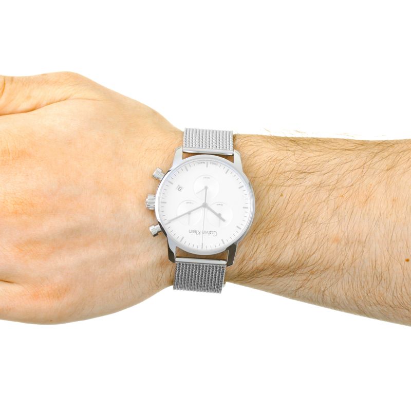 Shop Authentic Calvin Klein City Chronograph White Dial Silver Mesh Bracelet Watch for Men - K2G27126 - Luxxuri