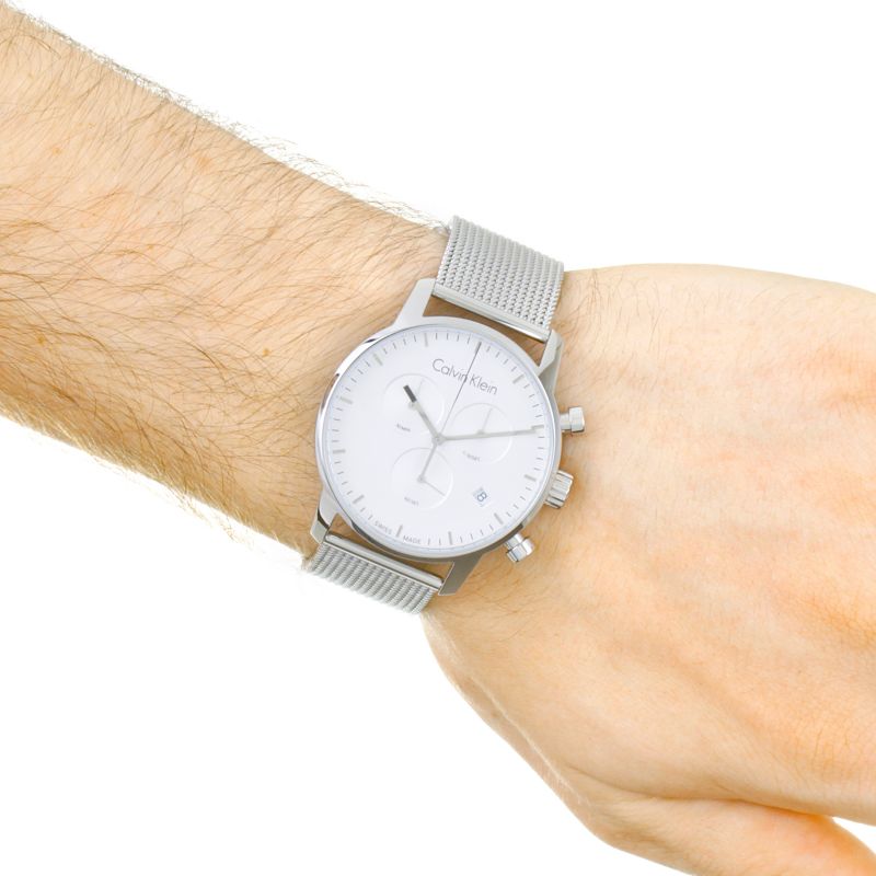Shop Authentic Calvin Klein City Chronograph White Dial Silver Mesh Bracelet Watch for Men - K2G27126 - Luxxuri