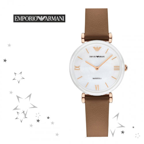 Shop Authentic Emporio Armani Gianni T Bar Quartz Mother of Pearl White Dial Brown Leather Strap Watch For Women - AR11040 - Luxxuri