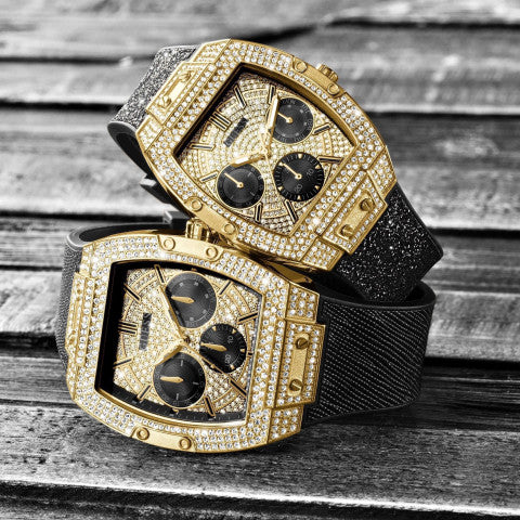 Shop Authentic Guess Phoenix Multifunction Crystals Gold Dial Black Silicone Strap Watch For Men - GW0048G2 - Luxxuri