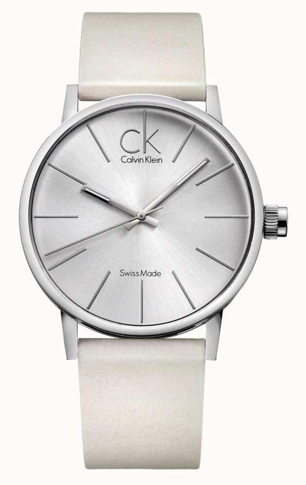 Shop Authentic Calvin Klein Post Minimal Silver Dial White Leather Strap Watch for Men - K7621126 - Luxxuri