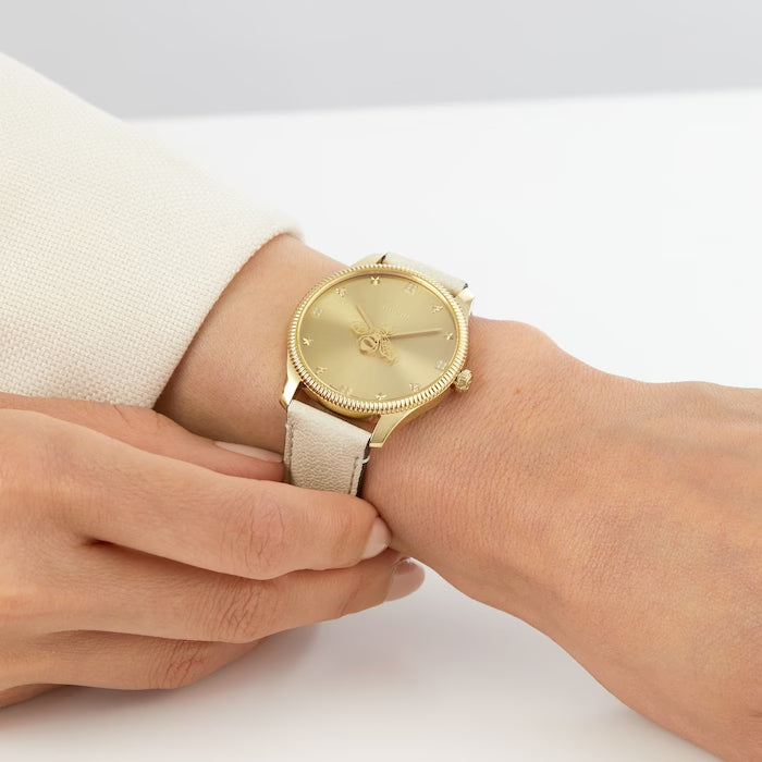 Shop Authentic Gucci G Timeless Quartz Gold Dial Beige Leather Strap Watch For Women - YA1264180 - Luxxuri