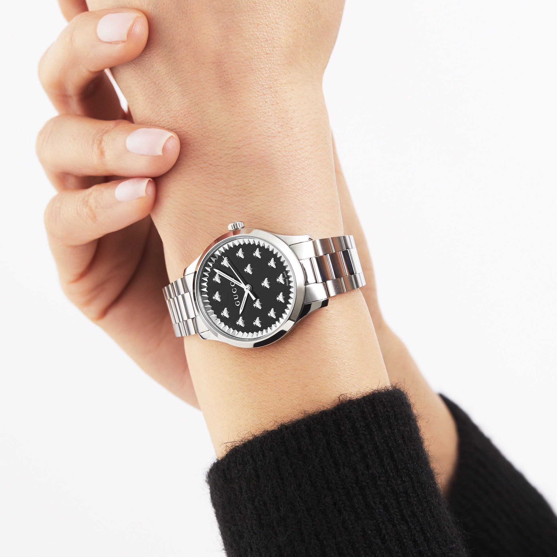 Shop Authentic Gucci G Timeless Quartz Black Dial Silver Steel Strap Watch for Women - YA1265034 - Luxxuri