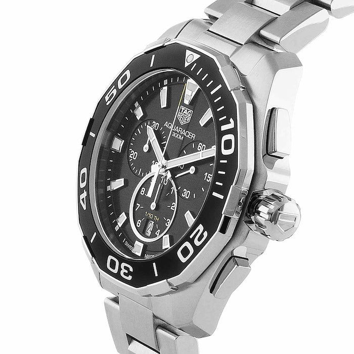 Shop Authentic Tag Heuer Aquaracer Quartz Chronograph Black Dial Silver Steel Strap Watch for Men - CAY111A.BA0927 - Luxxuri
