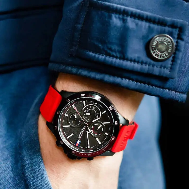 Tommy Hilfiger Multifunction Quartz Black Dial Red Rubber Strap Watch for Men - 1791722