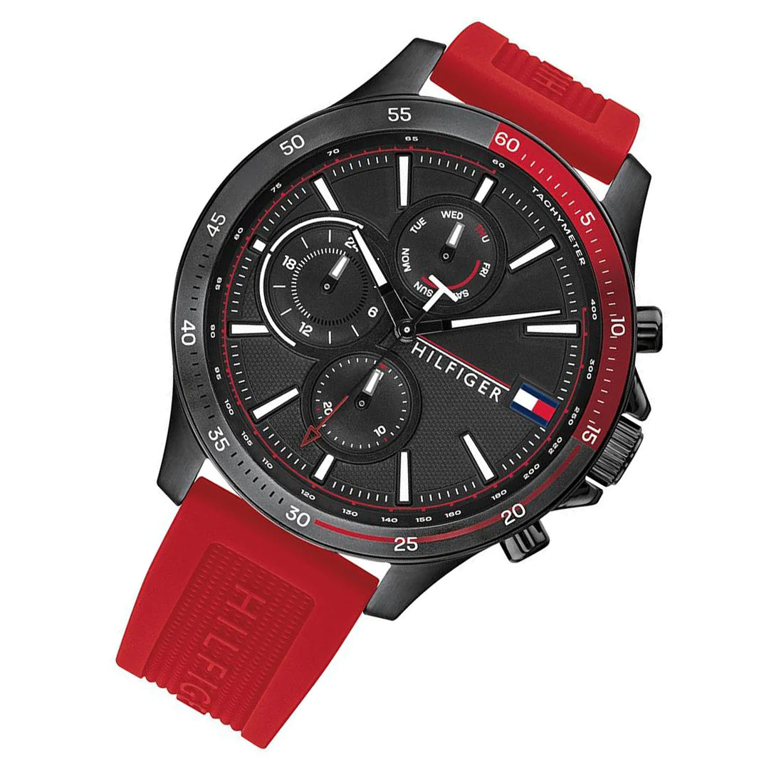 Tommy Hilfiger Multifunction Quartz Black Dial Red Rubber Strap Watch for Men - 1791722