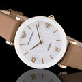 Shop Authentic Emporio Armani Gianni T Bar Quartz Mother of Pearl White Dial Brown Leather Strap Watch For Women - AR11040 - Luxxuri