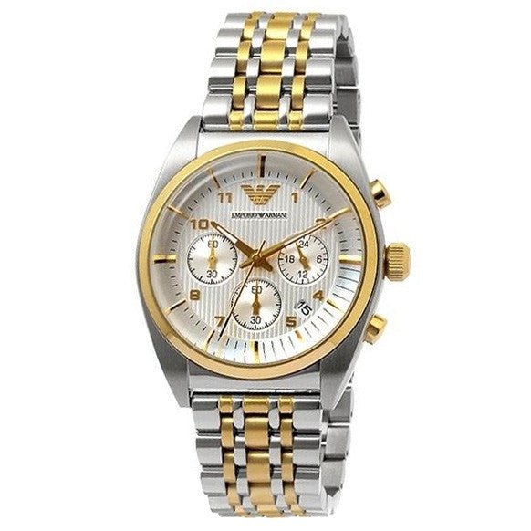 Shop Authentic Emporio Armani Classic Chronograph White Dial Two Tone Steel Strap Watch For Men - AR0396 - Luxxuri