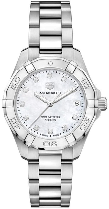 Shop Authentic Tag Heuer Aquaracer Diamonds White Mother of Pearl Dial Silver Steel Strap Watch for Women - WBD1314.BA0740 - Luxxuri
