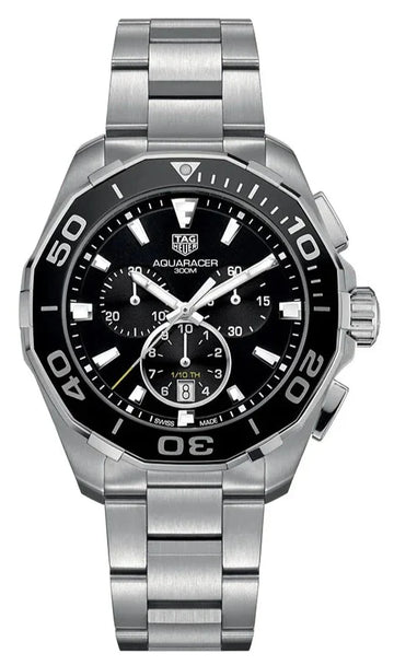 Shop Authentic Tag Heuer Aquaracer Quartz Chronograph Black Dial Silver Steel Strap Watch for Men - CAY111A.BA0927 - Luxxuri
