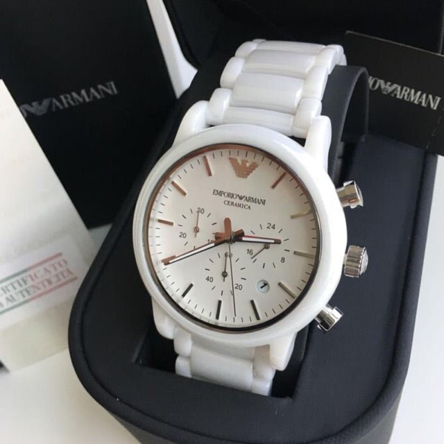 Shop Authentic Emporio Armani Luigi Chronograph Ceramic White Dial White Ceramic Strap Watch For Men - AR1499 - Luxxuri