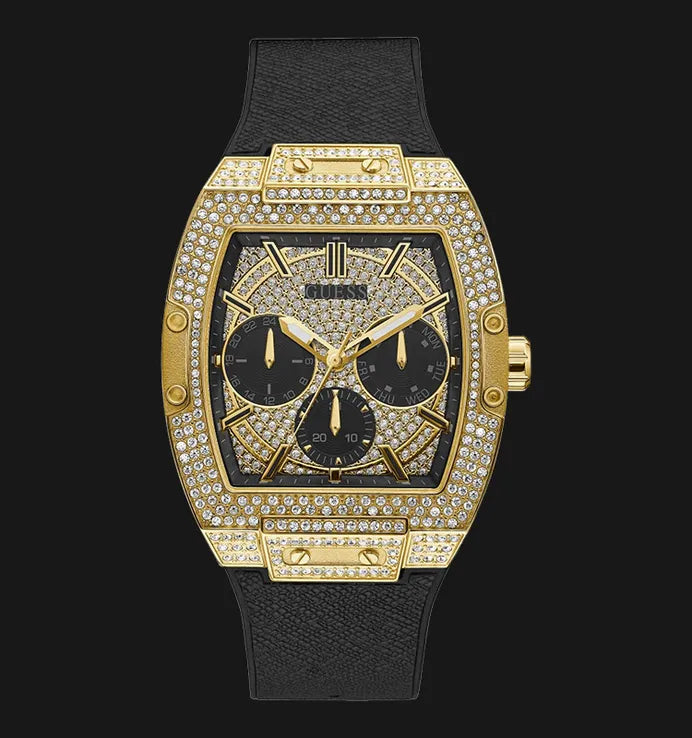 Shop Authentic Guess Phoenix Multifunction Crystals Gold Dial Black Silicone Strap Watch For Men - GW0048G2 - Luxxuri