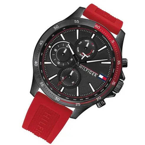 Tommy Hilfiger Multifunction Quartz Black Dial Red Rubber Strap Watch for Men - 1791722