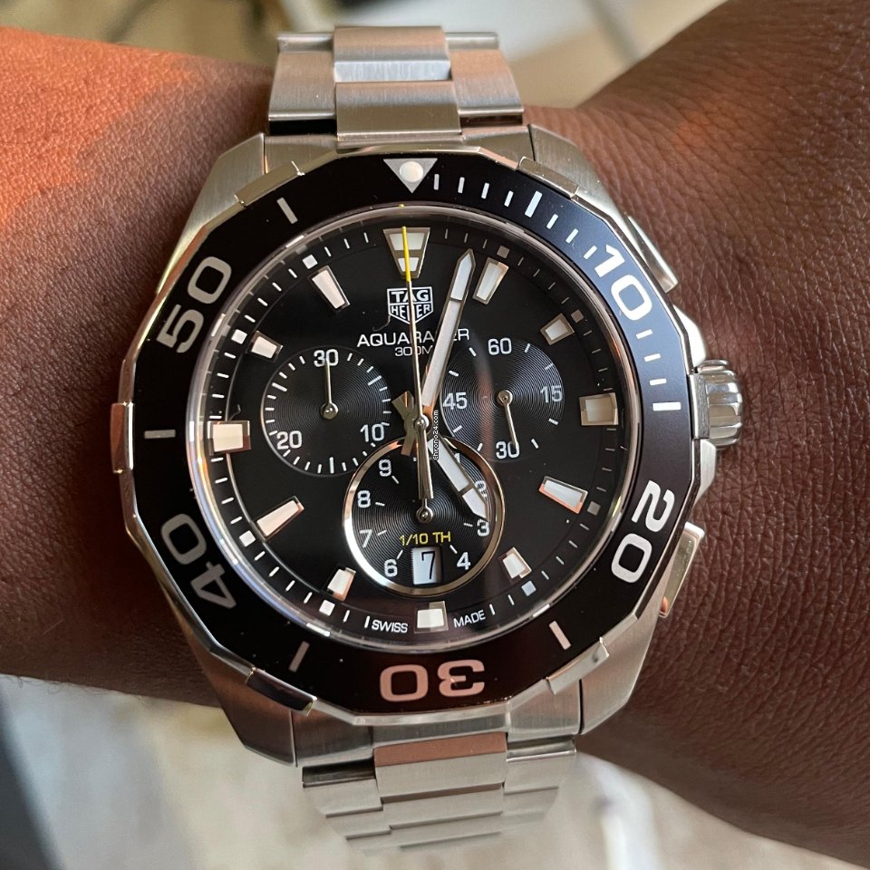 Shop Authentic Tag Heuer Aquaracer Quartz Chronograph Black Dial Silver Steel Strap Watch for Men - CAY111A.BA0927 - Luxxuri