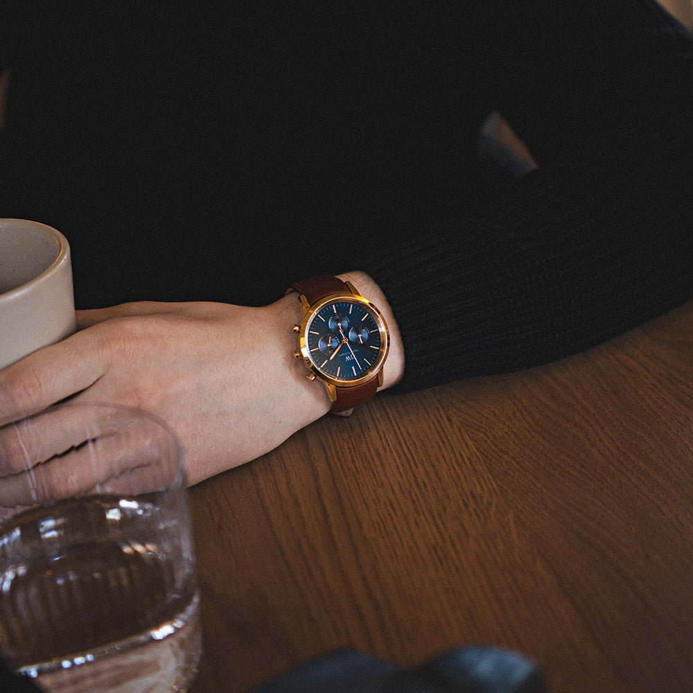 Shop Authentic Daniel Wellington Iconic Chronograph Blue Dial Brown Leather Strap Watch For Men - DW00100639 - Luxxuri