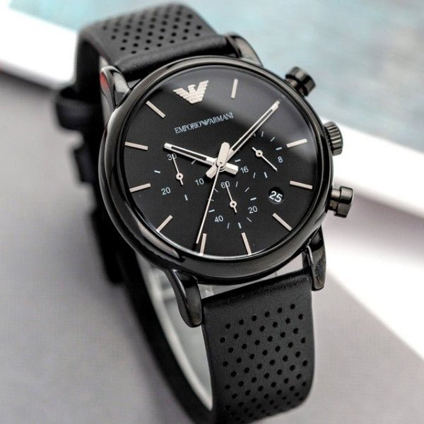 Shop Authentic Emporio Armani Luigi Chronograph Black Dial Black Leather Strap Watch For Men - AR1737 - Luxxuri