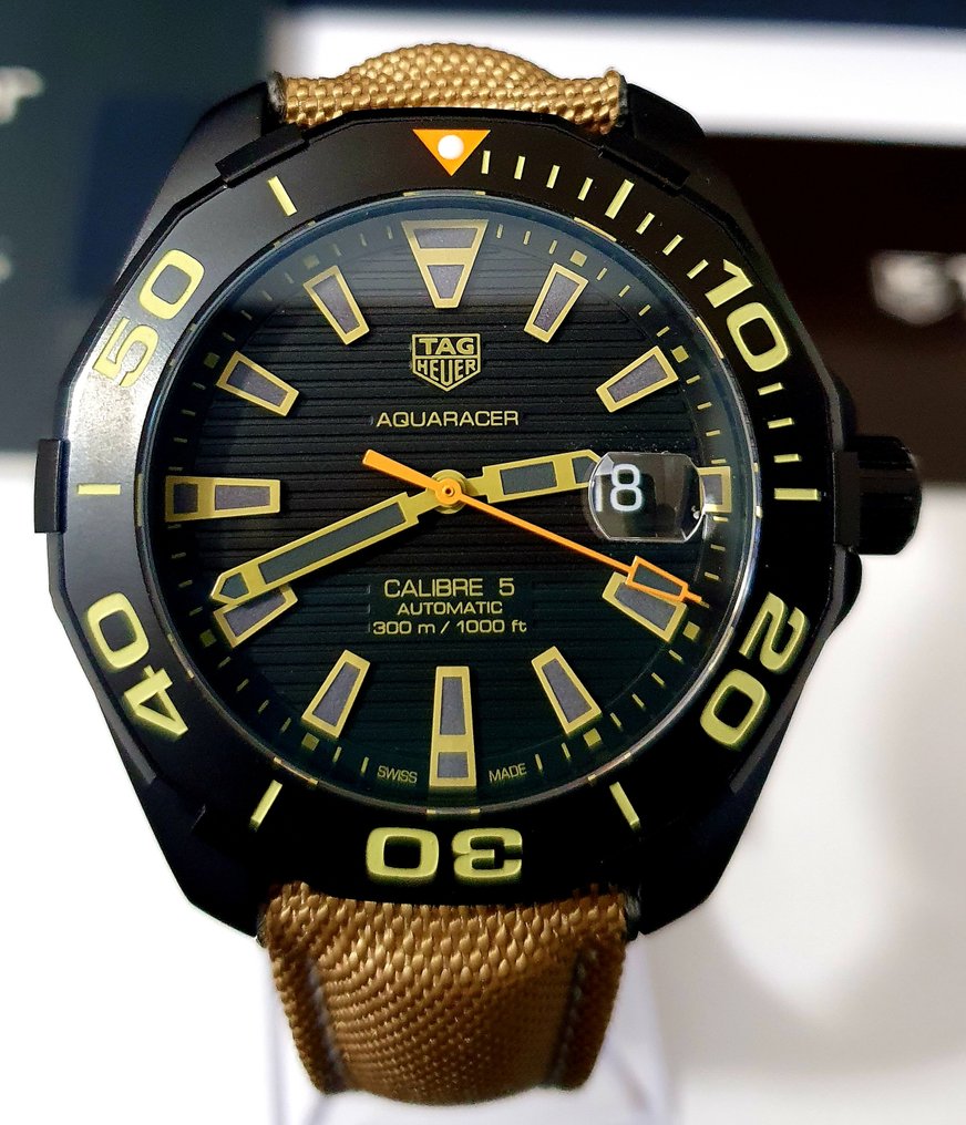 Tag Heuer Aquaracer 300 Calibre 5 Automatic Black Dial Brown Fabric Strap Watch for Men - WAY208C.FC6383