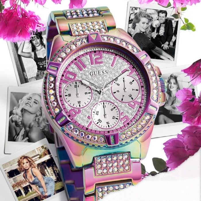 Shop Authentic Guess Lady Frontier Diamonds Silver Dial Multicolor Steel Strap Watch for Women - GW0044L1 - Luxxuri