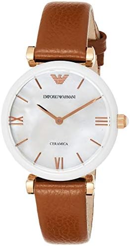 Shop Authentic Emporio Armani Gianni T Bar Quartz Mother of Pearl White Dial Brown Leather Strap Watch For Women - AR11040 - Luxxuri