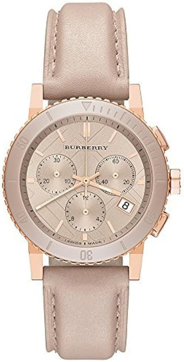 Shop Authentic Burberry The City Chronograph Rose Gold Dial Beige Leather Strap Watch For Women - BU9702 - Luxxuri