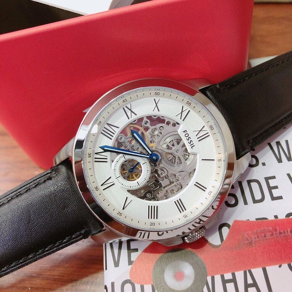 Fossil Grant Skeleton White Dial Black Leather Strap Watch for Men - ME3053