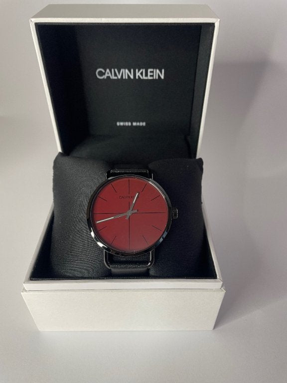 Shop Authentic Calvin Klein Even Maroon Dial Black Leather Strap Watch for Men - K7B214CP - Luxxuri