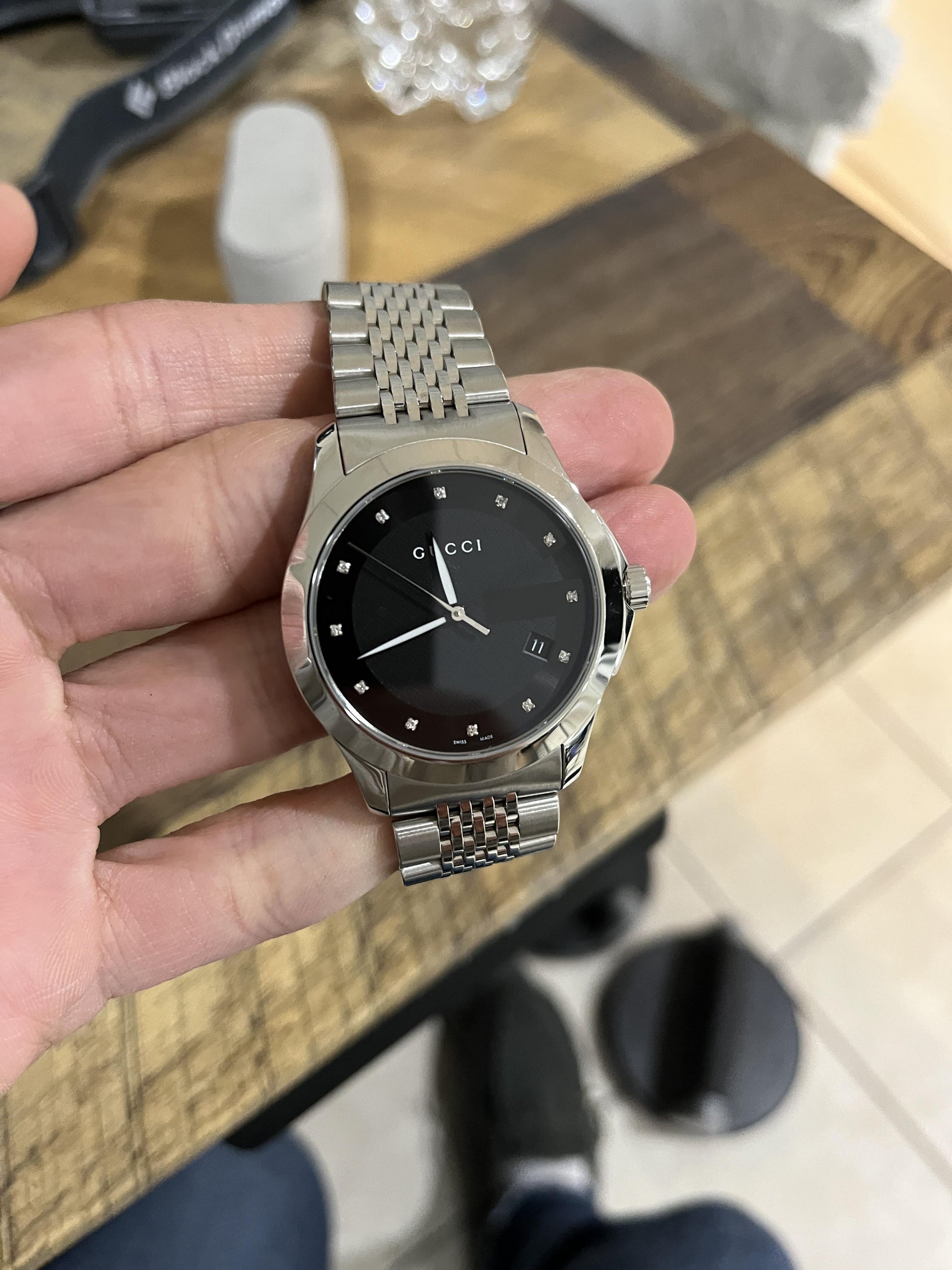 Shop Authentic Gucci G Timeless Diamonds Black Dial Silver Steel Strap Watch For Men - YA126405 - Luxxuri