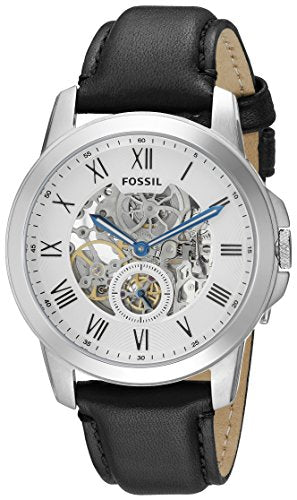 Fossil Grant Skeleton White Dial Black Leather Strap Watch for Men - ME3053