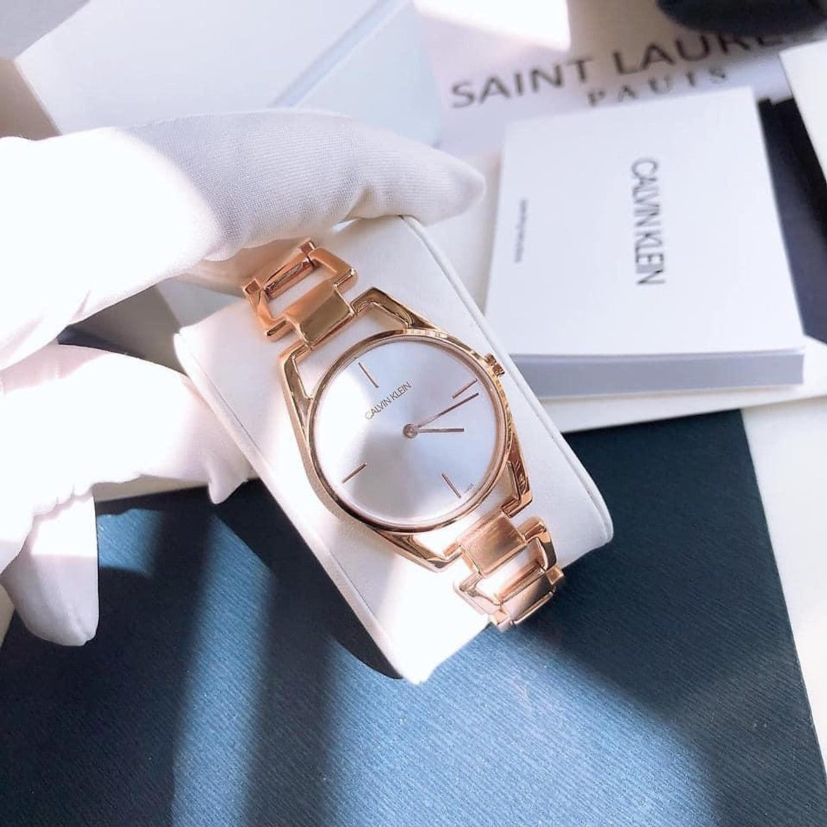 Shop Authentic Calvin Klein Dainty White Dial Rose Gold Steel Strap Watch for Women - K7L23646 - Luxxuri