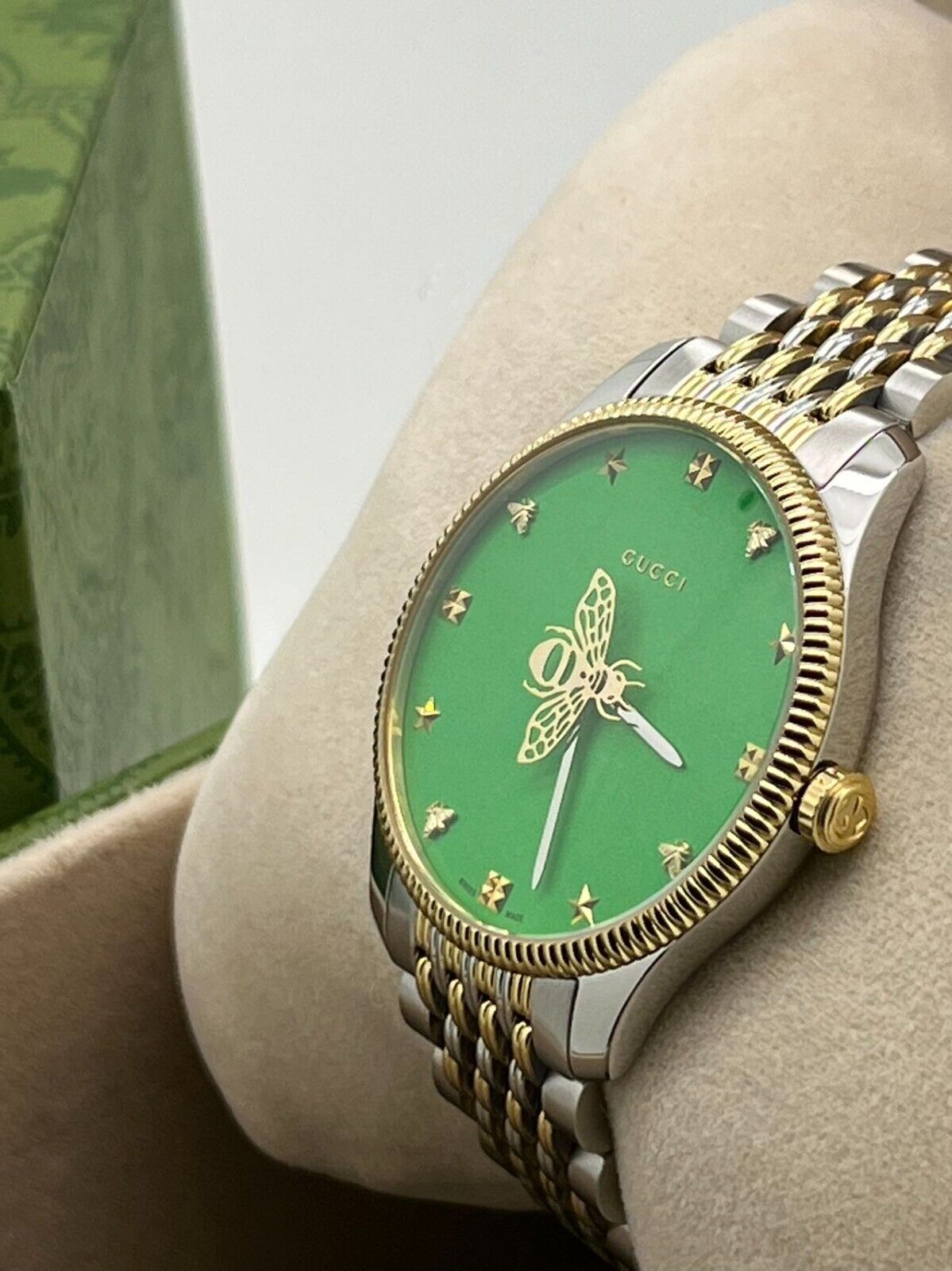 Shop Authentic Gucci G Timeless Quartz Green Dial Two Tone Steel Strap Watch For Men - YA1264182 - Luxxuri