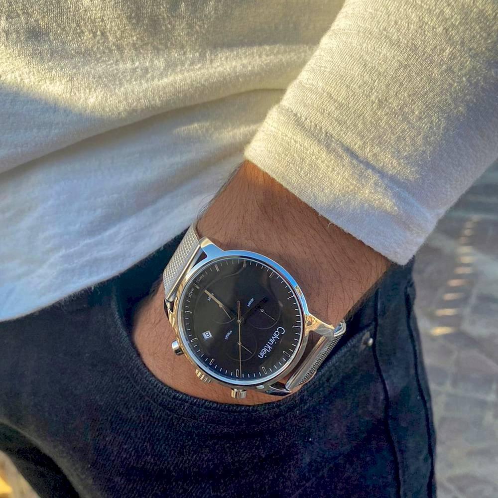 Shop Authentic Calvin Klein City Chronograph Black Dial Silver Mesh Bracelet Watch for Men - K2G27121 - Luxxuri
