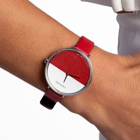 Shop Authentic Calvin Klein Rise Yellow Red Dial Red Leather Strap Watch for Women - K7A231UP - Luxxuri