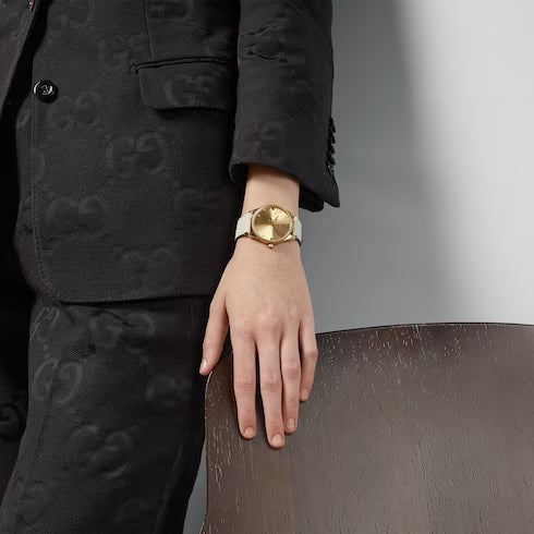 Shop Authentic Gucci G Timeless Quartz Gold Dial Beige Leather Strap Watch For Women - YA1264180 - Luxxuri