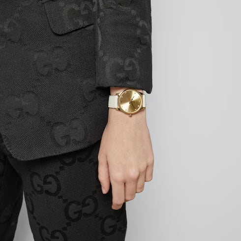 Shop Authentic Gucci G Timeless Quartz Gold Dial Beige Leather Strap Watch For Women - YA1264180 - Luxxuri