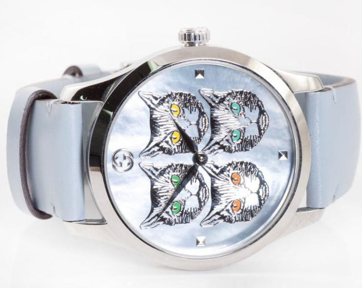 Shop Authentic Gucci G Timeless Quartz Mother of Pearl Dial Blue Leather Strap Watch For Women - YA1264124 - Luxxuri