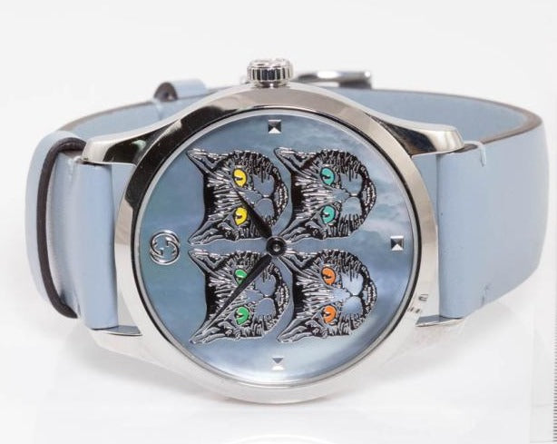 Shop Authentic Gucci G Timeless Quartz Mother of Pearl Dial Blue Leather Strap Watch For Women - YA1264124 - Luxxuri