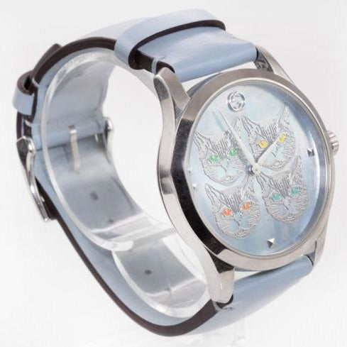Shop Authentic Gucci G Timeless Quartz Mother of Pearl Dial Blue Leather Strap Watch For Women - YA1264124 - Luxxuri