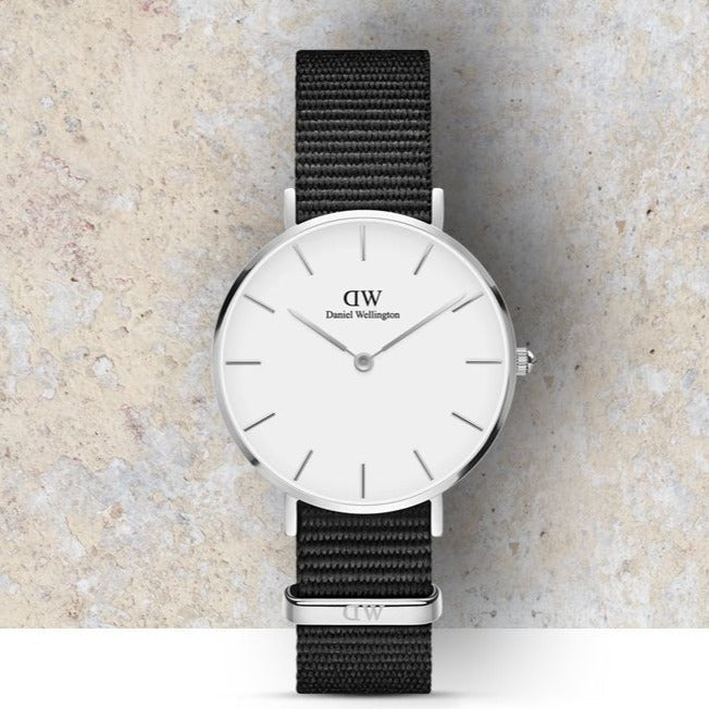 Shop Authentic Daniel Wellington Classic Petite Cornwall White Dial Black NATO Strap Watch For Women - DW00100254 - Luxxuri