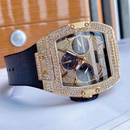 Shop Authentic Guess Phoenix Multifunction Crystals Gold Dial Black Silicone Strap Watch For Men - GW0048G2 - Luxxuri