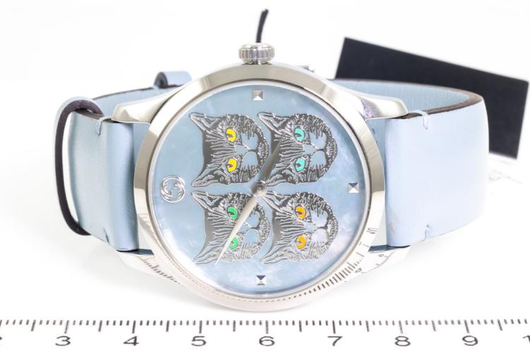 Shop Authentic Gucci G Timeless Quartz Mother of Pearl Dial Blue Leather Strap Watch For Women - YA1264124 - Luxxuri